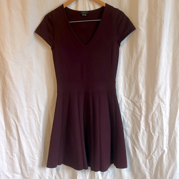 Theory Anderz Evian Stretch Dark Ruby Cap Sleeve Wool Skater Skirt Dress - Picture 2 of 9